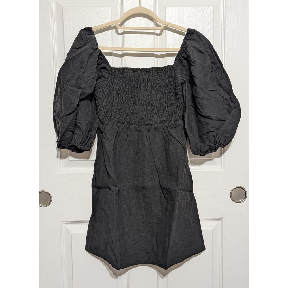 Tuckernuck NWOT Annie Smocked Mini Dress XS Black Linen Puff Sleeve Resort Wear - Picture 4 of 10